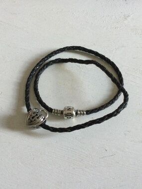 15” Brown Leather Double-Braided Pandora Bracelet w Sterling Heart Padlock Charm